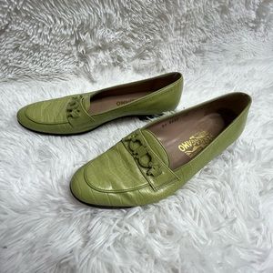 Salvatore Ferragamo Olive Green Croc-Embossed Leather Loafers with Bit Detail
